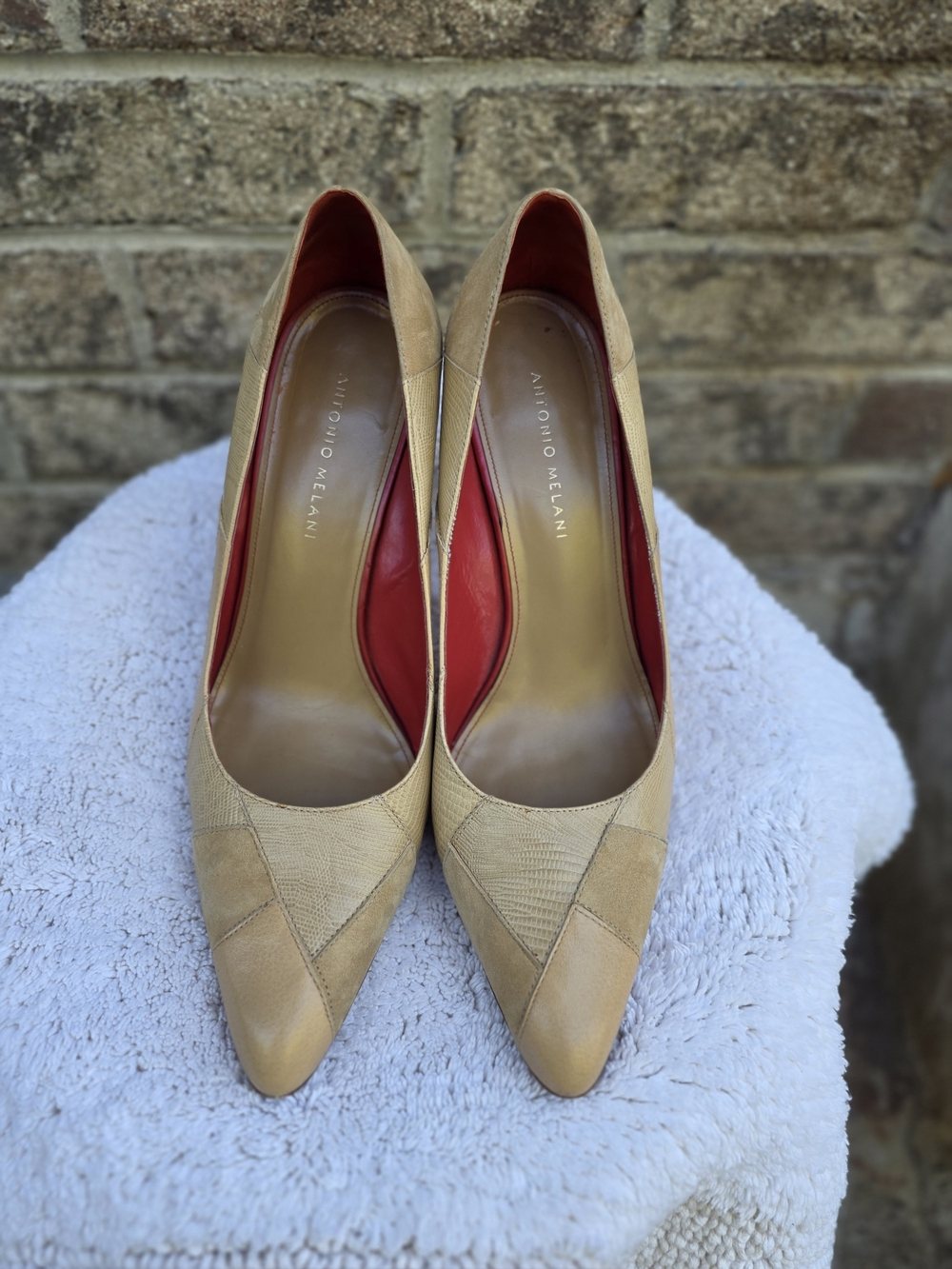 ANTONIO MELANI Tan Pointed-Toe Patchwork Leather Pumps